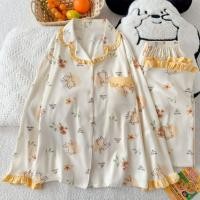 ราคา ชุดนอนแขนยาวสำหรับสตรียาวพร้อมคาร์ดิแกนและกางเกงขายาว ออกแบบเหมือนเสื้อสูทจากผ้าฝ้าย (46650654294)