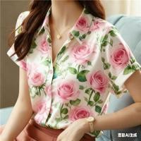 ราคา เสื้อเชิ้ตแขนสั้นผู้หญิงพิมพ์ลายดอกไม้หรูหรา ดอกโบตั๋นกวน กุหลาบ ไฮเดรนเยีย ป๊อปปี้ ไอริสลาย เสื้อกระดุมเก๋สําหรับฤดูร้อนทุกวันและแฟชั่นสํานักง (54051624465)