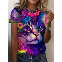 ราคา เสื้อยืดลายดอกไม้ชบา สีฟ้าคราม กับสีเขียวไล่ระดับ แขนสั้น คอลูกเรือ ใส่สบายสำหรับทุกวันและสวมใส่กลางแจ้ง (53952072268)