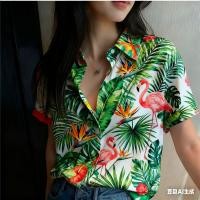 ราคา เสื้อเชิ้ตแขนสั้นผู้หญิง พิมพ์ลายกราฟฟิก นกฟลามิงโก้เขตร้อน และภาพนามธรรมสีน้ำมัน พร้อมสไตล์ทันสมัยและสวมใส่สบาย (49201649060)