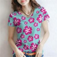ราคา เสื้อยืดผู้หญิงใหม่ ลายดอกไม้ กุหลาบ โลตัส และอื่นๆ แบบคอวีแขนสั้น เบาสบาย เหมาะสำหรับหลายโอกาส (48300108778)