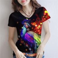 ราคา เสื้อยืดแขนสั้นทรงสリมมิ่ง ลายพิมพ์นกยูงและดอกไม้ สีเขียว มีสีเหลืองและขาว สไตล์คันทรีสำหรับฤดูร้อน (46100108769)