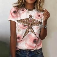 ราคา ท็อปส์ซูกอกลม เสื้อยืดแขนสั้นผู้หญิง พิมพ์ลายดอกไม้และนกยูง (44325454839)