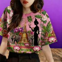 ราคา เสื้อยืดแขนสั้นพิมพ์ลายศิลปะไทย เจดีย์ ช้าง ดอกไม้ สำหรับวันหยุด สไตล์คอกลม (43475457400)