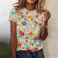 ราคา เสื้อยืดแขนสั้นผู้หญิง พิมพ์ลายศิลปะดอกไฮเดรนเยียและดอกเดซี่ คอกว้างทันสมัย (41775457506)