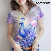 ราคา เสื้อยืดคุณภาพสูงสำหรับผู้ชายและผู้หญิง ลายพิมพ์นกยูง สวมใส่ง่ายและสบาย มีแขนสั้น (26793238925)