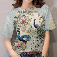 ราคา เสื้อยืดลายจิกนกยูงแขนสั้นสำหรับผู้หญิง สไตล์เรียบง่ายและทันสมัย (26193196825)