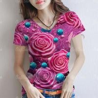 ราคา เสื้อยืดแขนสั้นสำหรับผู้หญิง ออกแบบมาให้ใส่สบาย พิมพ์ลายบนเสื้อ ไซส์ใหญ่ สไตล์ลายดอก (24147538405)