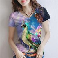 ราคา เสื้อยืดแขนสั้นคอวี พิมพ์ลายดอกไม้และนกยูง สบายๆ สำหรับฤดูร้อน (47600093888)