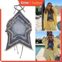 ราคา Kin ผู้หญิง Halterneck Backless Camisole Crop Top Ripped Trim ล้าง Denims Star รูป Tube Top Self Tie Club Party เสื้อกั๊ก (27064128111)