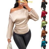 ราคา YOUYO เสื้อเบลาส์ผ้าซาตินเปิดไหล่แขนยาวผู้หญิงลําลองคอไม่สมมาตรทํางานเสื้อเชิ้ตผ้าไหมสํานักงาน (47802588450)