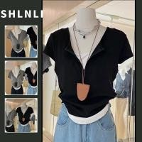 ราคา สไตล์เกาหลีมินิมอลจีบคอวีเสื้อยืดผู้หญิงฤดูใบไม้ผลิฤดูร้อนแขนสั้นไม่สม่ําเสมอด้านบน (43101210316)