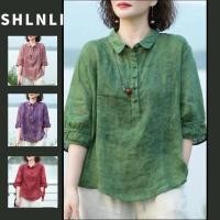 ราคา เสื้อเชิ้ตผ้าฝ้ายและลินินสำหรับผู้หญิง ลายพิมพ์เบาๆ แบบสวมใส่ง่ายในฤดูร้อน (40965127667)