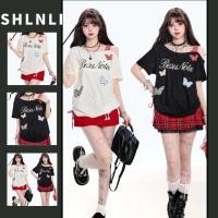 ราคา Retro Butterfly Print Off Shoulder Short Sleeved T shirt for Women in Summer Irregular Drawstring Short Top (40460743958)