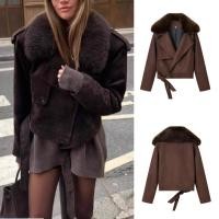ราคา แจ็คเก็ตหนังกวางและขนแกะ สไตล์อเมริกันสำหรับผู้หญิง แขนยาว สีทึบ (42226228511)