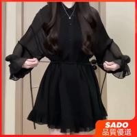 ราคา SADO ชุดเดรสแขนยาวสีดำขนาดใหญ่ 300 จิน ความปรารถนาบริสุทธิ์ เดรสตาข่าย แขนยาวแบบผูกเอว (40854386518)