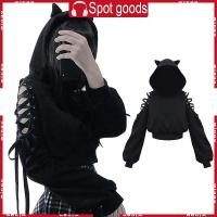 ราคา WIN ผู้หญิงน่ารักสําหรับหูแมวแขนยาว Hoodies Hollow Out เย็นไหล่ Lace Up หลวม Crop Harajuku กราฟิก Sweatshir (56201146250)