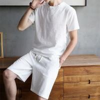 ราคา ชุดสูทลำลองสีทึบเรียบง่ายสำหรับผู้ชาย แบบคอกลมแขนสั้น (26893427439)