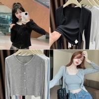 ราคา ส่งจากไทย เสื้อแขนยาว เสื้อคาร์ดิแกนแจ็คเก็ตบาง สีพื้น ยืดพอดีตัว กระดุมหน้า สไตล์เกาหลี ใส่คลุมสวยๆ 4 สีให้เลือก F011 (27243659779)