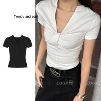 ราคา พร้อมส่งจากกทม ผู้หญงแขนสั้นเสื้อแฟชั่นคอวี เบสิก จับจีบ สีพื้น สไตล์ลำลอง F017 หลากสี (27707535261)