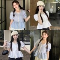 ราคา Miqi เสื้อยืด แต่งลูกไม้ ทรงหลวม กระดุมหน้า เสื้อยืดแขนสั้น สไตล์เกาหลี แฟชั่นฤดูร้อน น่ารัก 60109 (28331576807)