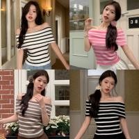 ราคา Miqi เสื้อยืดผู้หญิง ไหมพรม เปิดไหล่ ลายทาง เข้ารูป ผ้ายืด เสื้อครอป เกาหลี ลำลอง แฟชั้น 95161 (26731180895)