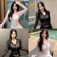 ราคา Miqi เสื้อยืดผู้หญิง แขนสั้น คอกลม ดีเทลซีทรูบางเบา ผ้าลูกไม้ เสื้อครอป แฟชั่นฤดูร้อน เซ็กซี่ 61655 (26884059424)