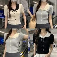 ราคา Miqi เสื้อยืด ไหมพรม คอปก แขนสั้น ผูกโบว์ กระดุมหน้า เสื้อครอป สไตล์เกาหลี หวาน น่ารัก 83228 (25495852475)