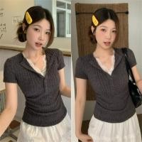 ราคา Miqi เสื้อยืด แขนสั้น คอวี เข้ารูป ผ้าไหมพรม เสื้อผ้าสตรี สไตล์เกาหลี น่ารักๆ ใส่สบาย 61661 (40166822765)
