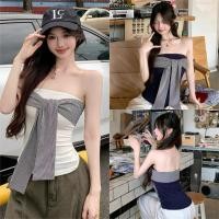 ราคา Miqi เสื้อเกาะอก เปิดไหล่ ดีเทลแต้งโบว์ลายทาง รัดรูป ผ้ายืด เสื้อครอป สไตล์เกาหลี น่ารัก FY5561 (26291916471)