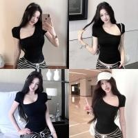 ราคา Miqi เสื้อยืด สีพื้น แขนสั้น คอเสื้อเฉียง ผ้านิ่ม รัดรูป เสื้อครอป สไตล์มินิมอล ฤดูร้อนแฟชั่น FYP46 (24695854933)