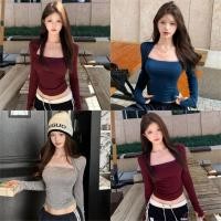 ราคา Miqi เสื้อยืด สีพื้น มฟองน้ำ แขนยาว คอเหลี่ยม ผ้านิ่มยืด เสื้อครอป สไตล์ลำลอง แฟชั่น FY5183 (45051552000)