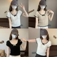 ราคา Miqi เสื้อยืด ไหมพรม คอกลม แขนสั้น ประดับโบว์ ดีเทลขอบหยัก เสื้อครอป สไตล์เกาหลี น่ารักมาก W044 (44452024927)