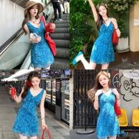 ราคา Miqi เดรสสั้น คอวี แขนกุด ทรงเอ สีฟ้าเข้ม ลายดอกไม้ ผ้านิ่ม ชุดมินิเดรส ฤดูร้อน แฟชั่น 8K192 (43811721973)