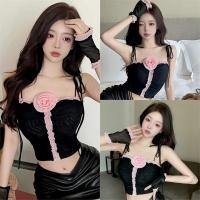 ราคา Miqi เสื้อสายเดี่ยว ตกแต่งด้วยดอกไม้ เข้ารูป ผ้านิ่มยืด เสื้อครอป สไตล์เกาหลี แฟชั่น น่ารัก 09009 (43474724396)