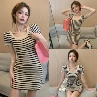 ราคา Miqi เดรสสั้น ไหมพรม แขนสั้น คอกลม ลายทาง เข้ารูป ชุดมินิเดรส สไตล์ลำลอง เกาหลี น่ารัก 88617 (43451210968)