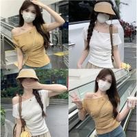 ราคา Miqi เสื้อยืดแขนสั้น สีพื้น ปาดไหล่ ผ้าจีบ เสื้อยืด สไตล์เกาหลี เรียบหรู แฟชั่นสำหรับผู้หญิง M0551 (42255315328)