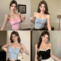 ราคา Miqi เสื้อเกาะอก เปิดไหล่ มีฟองน้ำ แต่งขอบดอกไม้ รัดรูป เสื้อครอป สไตล์เกาหลี สวย น่ารัก FY3055 (41207288614)