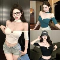 ราคา Miqi เสื้อยืด คล้องคอ แขนสั้น สีพื้น เปิดไหล่ เข้ารูป ผ้านิ่ม เสื้อครอป สไตล์เกาหลี ทรงสวย 71071 (40224727350)