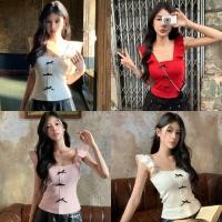 ราคา Miqi เสื้อกล้าม ไหมพรม คอเหลี่ยม แต่งแขนระบาย แต่งโบว์ เสื้อครอป แฟชั่นฤดูร้อน น่ารักๆ AC05 (29882893300)