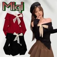 ราคา Miqi เสื้อยืด ไหมพรม ปาดไหล่ แต่งโบว์ เข้ารูป ผ้าใส่สบาย เสื้อแขนยาว สไตล์เกาหลี น่ารัก 8K116 (55551713469)