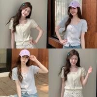 ราคา Miqi เสื้อยืด ไหมพรม คอกลม แขนสั้น แต่งโบว์ เข้ารูป ผ้าใส่สบาย เสื้อครอป สไตล์เกาหลี น่ารัก 95201 (40659978990)