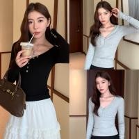 ราคา Miqi เสื้อแฟชั่น คอวี ทรงรัดรูป ผ้านุ่มนิ่มใส่สบายมาก สีพื้น เสื้อรัดรูปสไ ตล์ลำลอง พร้อมส่ง (52802131929)