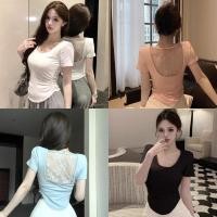 ราคา Miqi เสื้อยืด แขนสั้น คอกลม สีพื้น ดีเทลหลังซีทรูลูกไม้ ผ้านิ่ม เสื้อครอป สไตล์เกาหลี แฟชั่น FY5121 (41861471316)