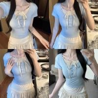 ราคา Miqi เสื้อยืด ไหมพรม คอกลม แขนสั้น ผูกโบว์ เข้ารูป เสื้อครอป แฟชั่นฤดูร้อน ใส่สบาย น่ารัก E332 (26333671046)