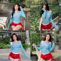 ราคา Miqi เสื้อยืด แขนยาว สายเดี่ยวบรา ซีทรู เปิดไหล่ เข้ารูป สไตล์เกาหลี ใส่สบาย ฤดูร้อน น่ารัก U201 FY756 (40354398905)