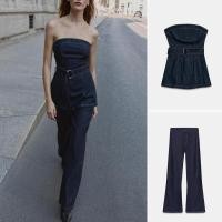 ราคา ชุดเซตเดนิม ท็อปTube Top พร้อมเข็มขัด กางเกงยีนส์ขากว้างเอวสูง (43673939205)
