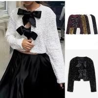 ราคา ซาร่า Za ฤดูใบไม้ผลิใหม่สไตล์ผูกโบว์ปิดเลื่อมตกแต่งแขนยาวรอบคอสั้นด้านบน (27321186901)