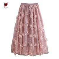 ราคา กระโปรงยาวสองชั้นสำหรับผู้หญิง เอวสูง มีตาข่ายและปักลายดอกไม้ (54902193627)