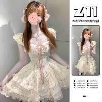 ราคา ฝรั่งเศสแคบ เอวผูกโบว์ ผอมลง ดูเจ้าหญิงเค้กกระโปรงสั้นหญิงฤดูใบไม้ผลิขนาดเล็กบินแขนชุดดอกไม้ (54251514295)